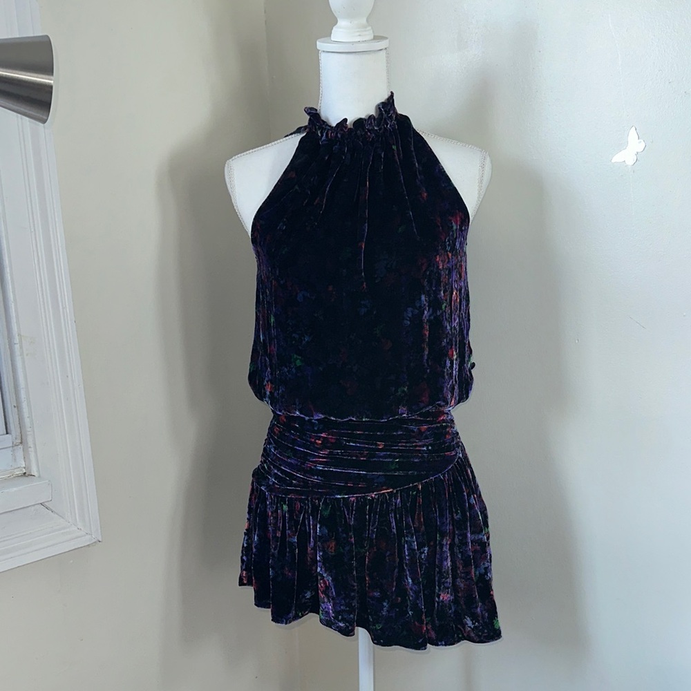 Ramy Brook Velvet Halter Mini Dress - Black and Purple